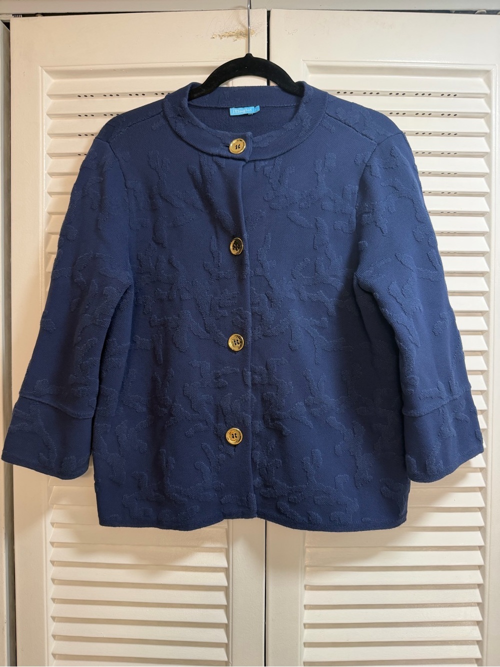 J. McLaughlin Navy Textured Jacquard Gold Button Cardigan